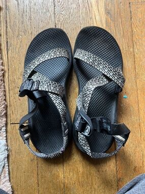 Chaco Brown Treaded Sole Sandals with Black Patterned Straps